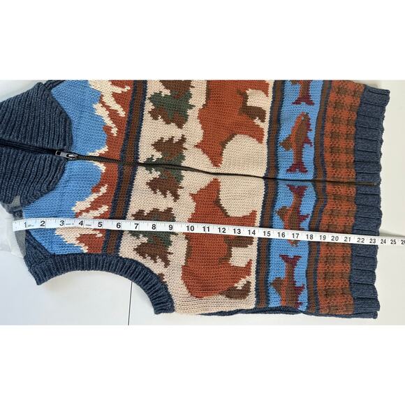 Woolrich Blue Brown Mountain Fish Bear Print Sweater Winter Outdoors S - Picture 6 of 7